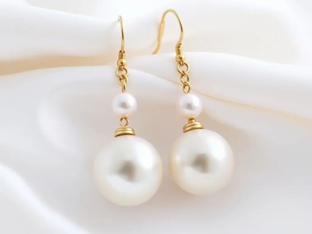 A high-quality image of Pearl Drop Earrings, showcasing their lustrous white pearls hanging delicately from gold hooks. The earrings are set against a dark, elegant background to emphasize their refined and luxurious appearance.